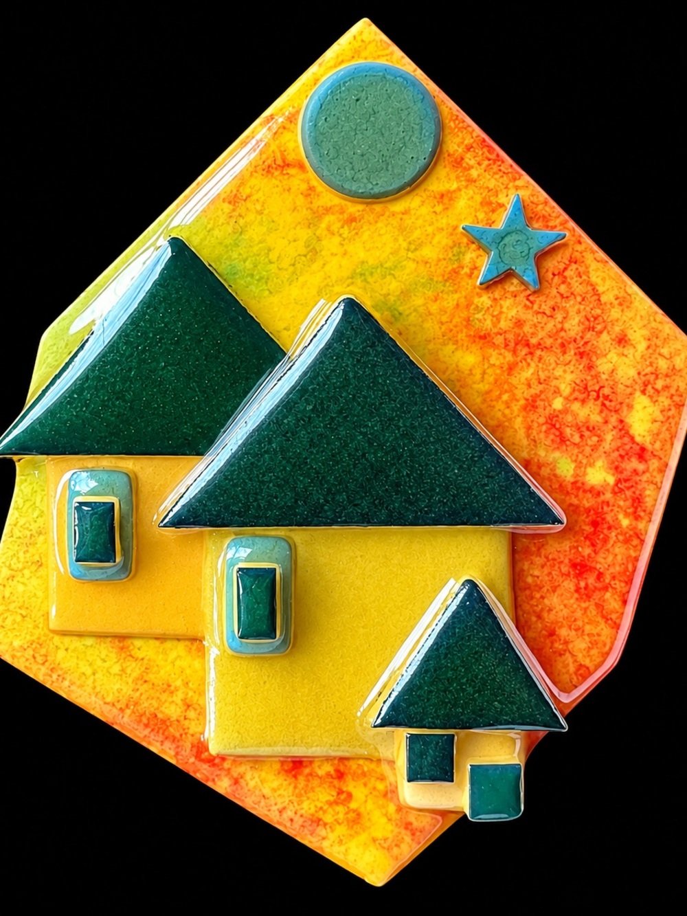 Vintage HOUSE PINS® by Lucinda 3” Triple House Brooch – Colorful Folk Art Pin